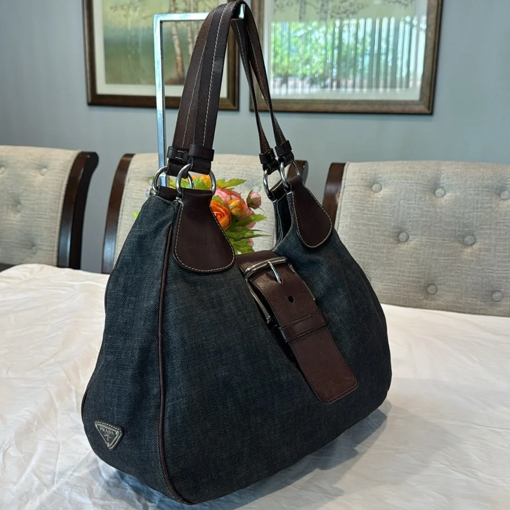 Authentic Prada Dark Denim and Brown Hobo Shoulder Bag - Picture 1 of 16